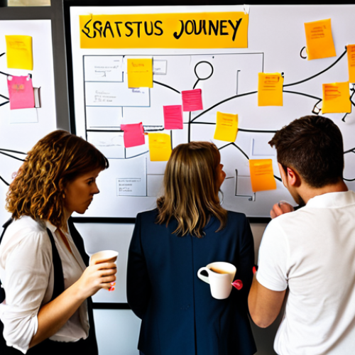 Home 17 **
A frustrated team huddles around a complex, sprawling customer journey map filled with endless details and annotations. Empty coffee cups and scattered sticky notes surround them. The overall mood is confusion and overwhelm.
**