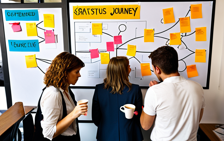 **
A frustrated team huddles around a complex, sprawling customer journey map filled with endless details and annotations. Empty coffee cups and scattered sticky notes surround them. The overall mood is confusion and overwhelm.
**