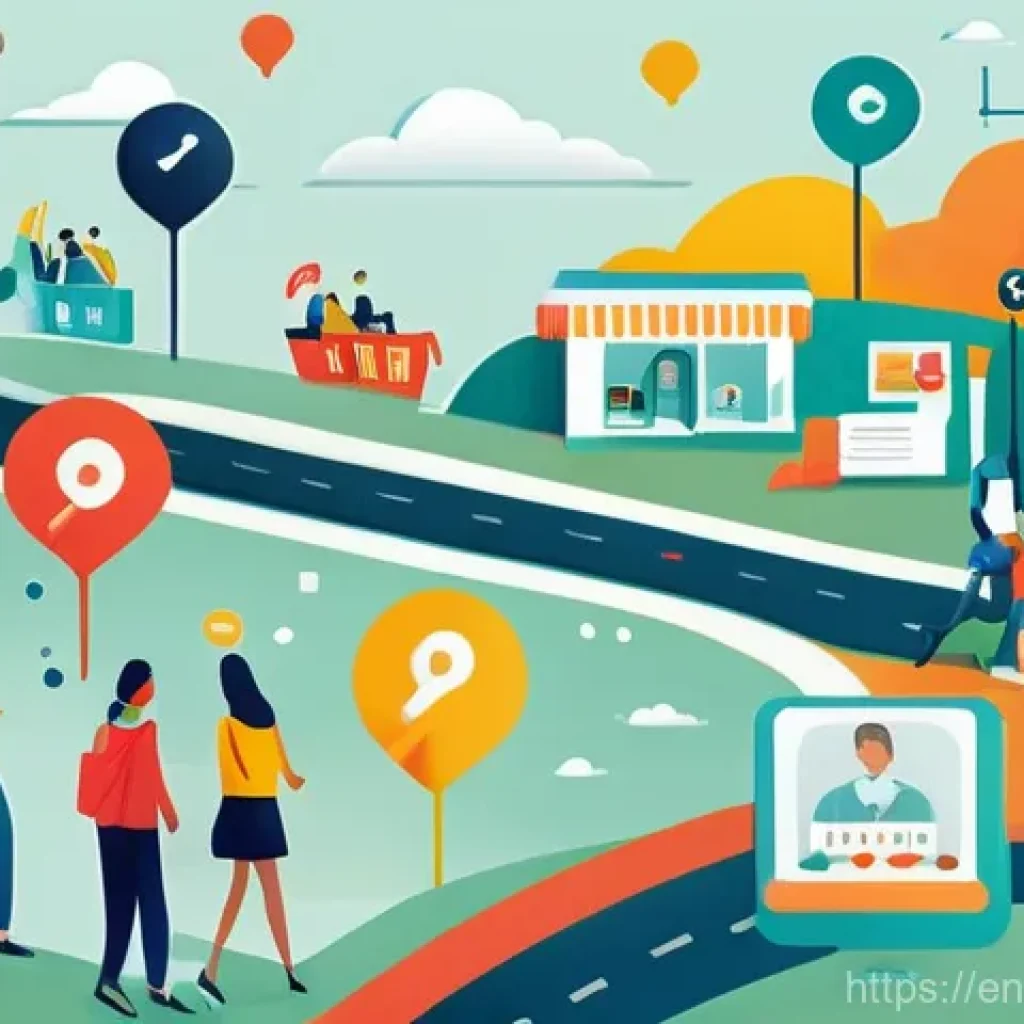 고객 여정 맵핑과 인사이트 분석 - **Prompt: "A vibrant, illustrative depiction of a diverse group of customers navigating a colorful, ...