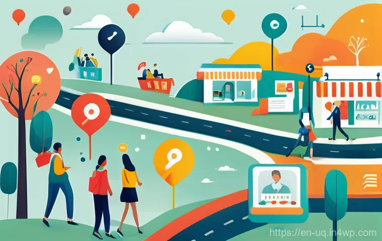 고객 여정 맵핑과 인사이트 분석 - **Prompt: "A vibrant, illustrative depiction of a diverse group of customers navigating a colorful, ...