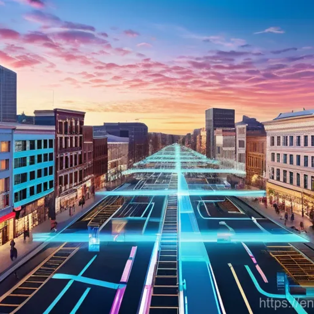 고객 경험 여정 맵팅의 새로운 패러다임 - **Dynamic Customer Journey Visualization:**
    "A vibrant, high-energy digital cityscape at dusk, w...