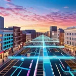 고객 경험 여정 맵팅의 새로운 패러다임 - **Dynamic Customer Journey Visualization:**
    "A vibrant, high-energy digital cityscape at dusk, w...