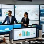 고객 여정 맵을 통한 멀티채널 전략 - A modern digital marketing control room with a diverse team of professionals collaborating around mu...