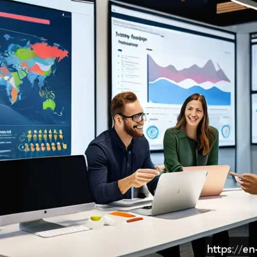 고객 여정 맵핑을 통한 재구매 유도 전략 - A modern digital marketing team brainstorming around a large interactive touchscreen displaying a de...