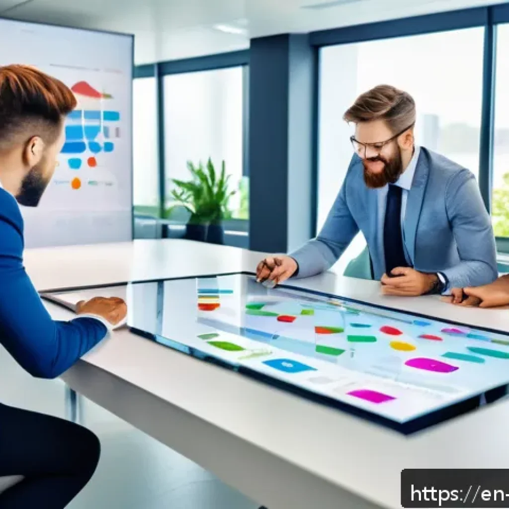 고객 여정 맵의 성공적인 구현 사례 - A modern corporate office scene showing a diverse team of professionals gathered around a large digi...