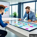 고객 여정 맵의 성공적인 구현 사례 - A modern corporate office scene showing a diverse team of professionals gathered around a large digi...
