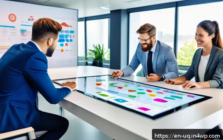 고객 여정 맵의 성공적인 구현 사례 - A modern corporate office scene showing a diverse team of professionals gathered around a large digi...