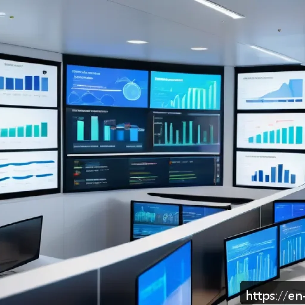 고객 여정 맵핑의 필요한 KPI - A modern digital marketing control room with multiple large screens displaying real-time analytics d...