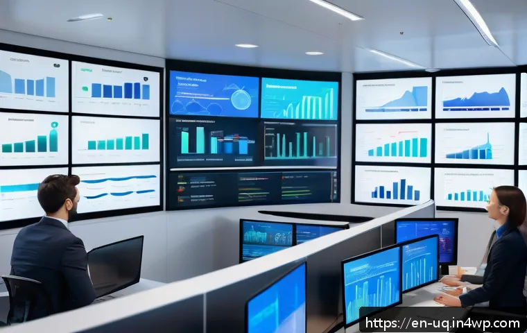 고객 여정 맵핑의 필요한 KPI - A modern digital marketing control room with multiple large screens displaying real-time analytics d...